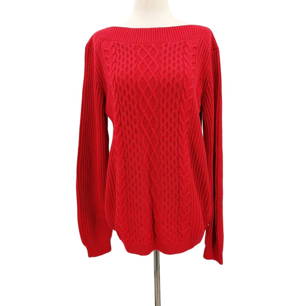 TOMMY HILFIGER SZ M red Cate cable knit pullover boatneck sweater B43
